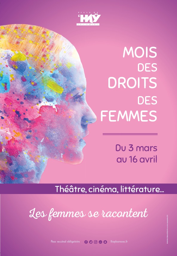 affiche sur fond rose avec un visage de femme multicolore