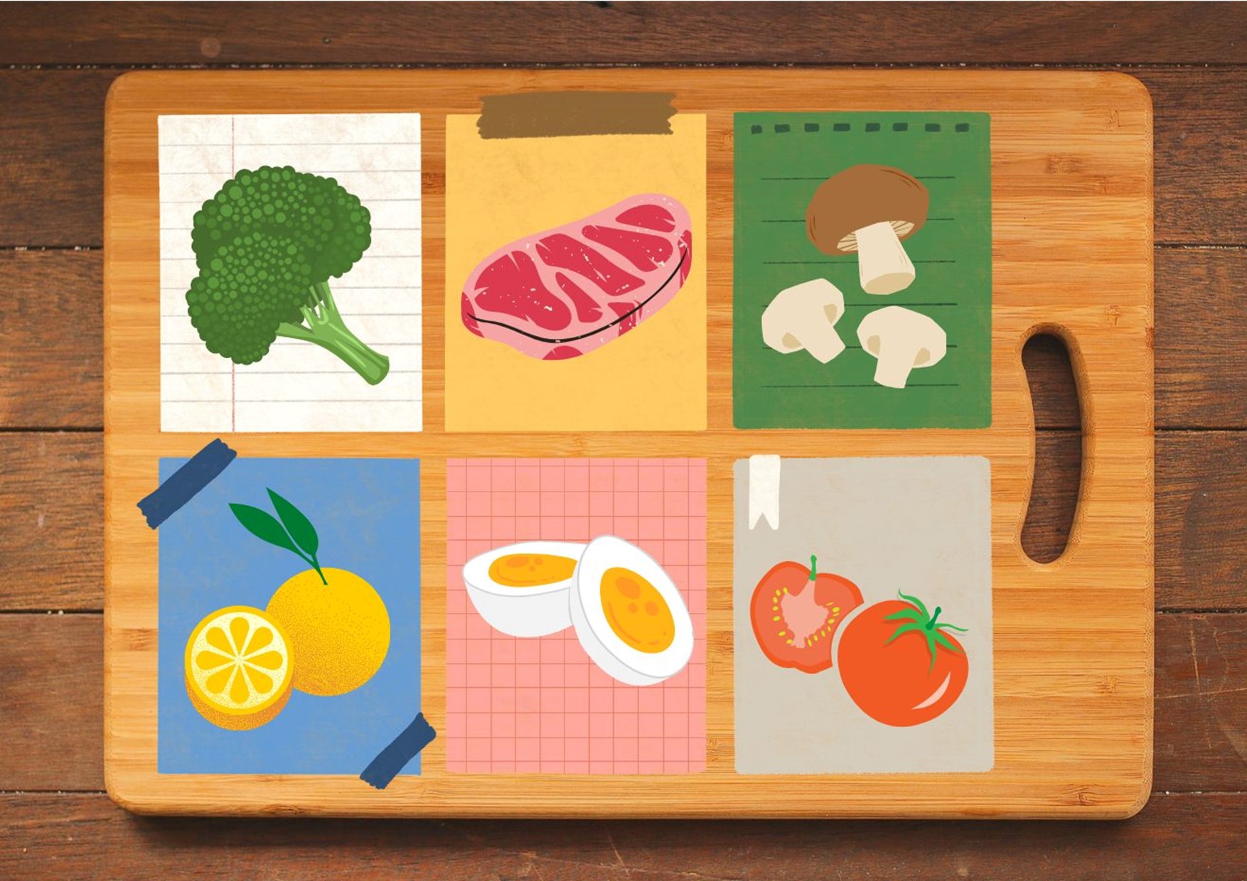 planche à découper de cuisine où figure post-it avec des aliments représentés dessus
