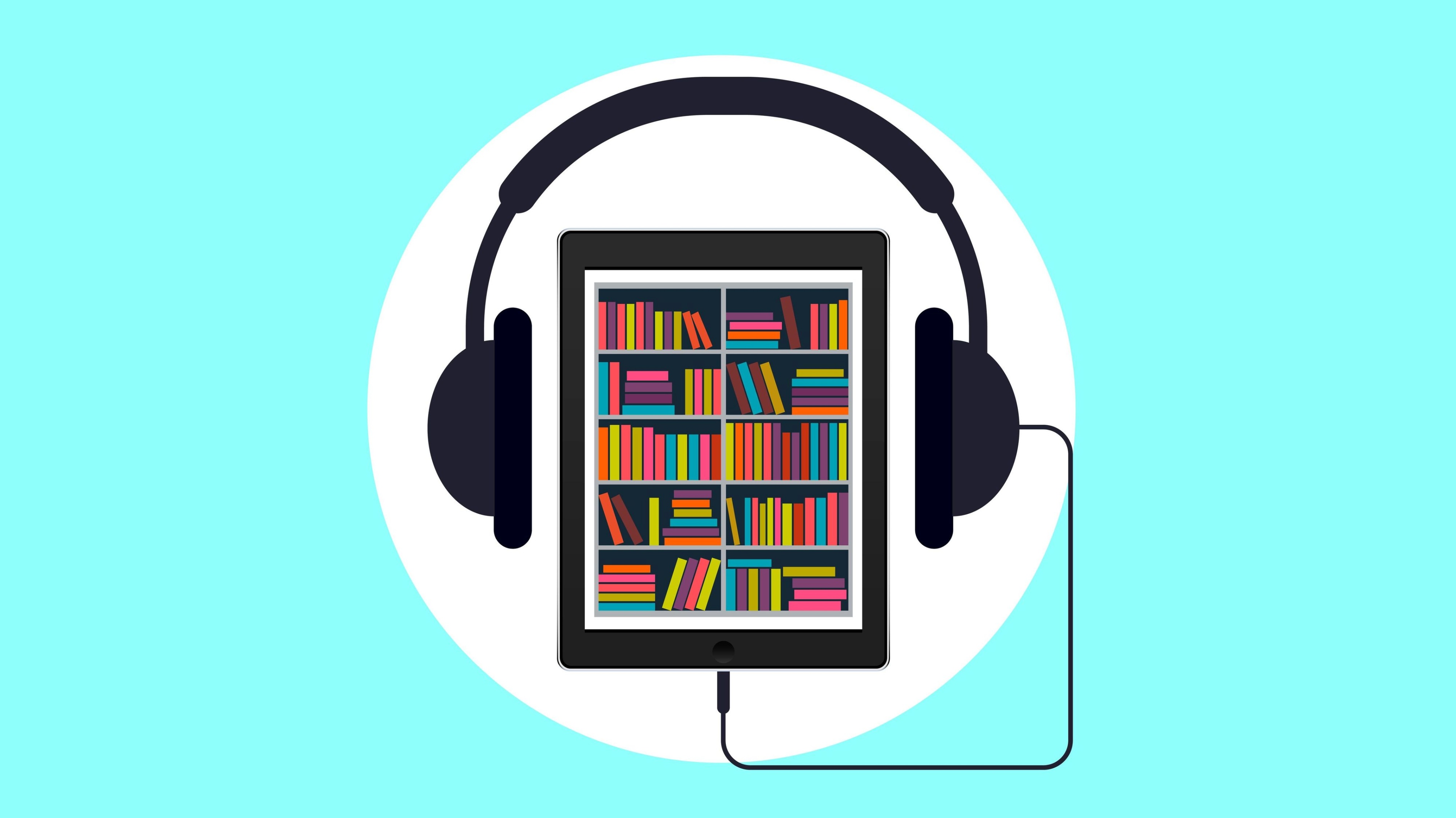 Tablette montrant des livres entourée d'un casque audio