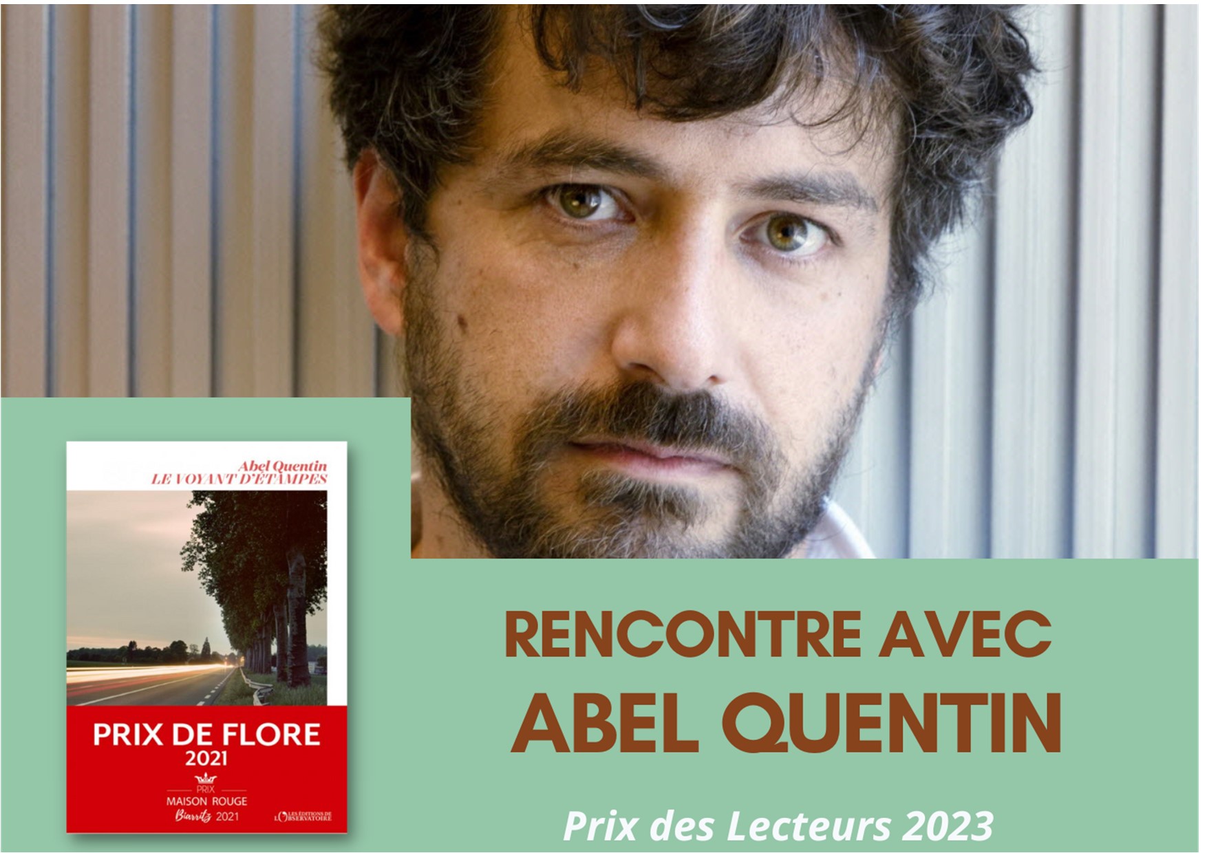 Affiche avec la couverture du livre et le visage de l'auteur