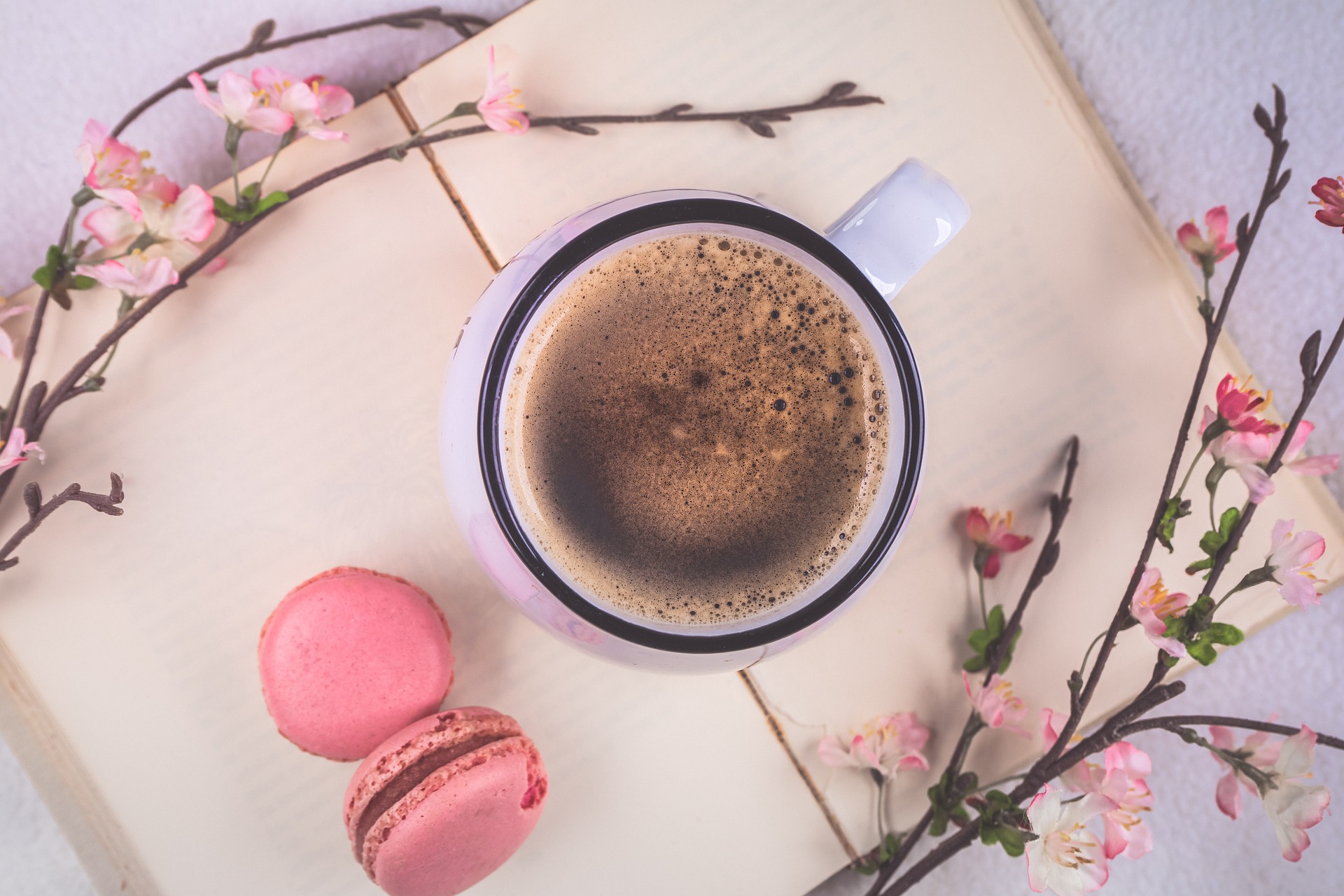 biscuits roses, tasse de café et fleurs posés sur livre ouvert