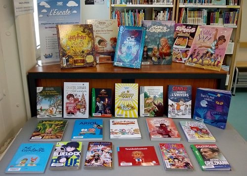 photo entrée Escale Lallier avec la table de présentation des livres choisis par les élèves à la librairie du Plateau