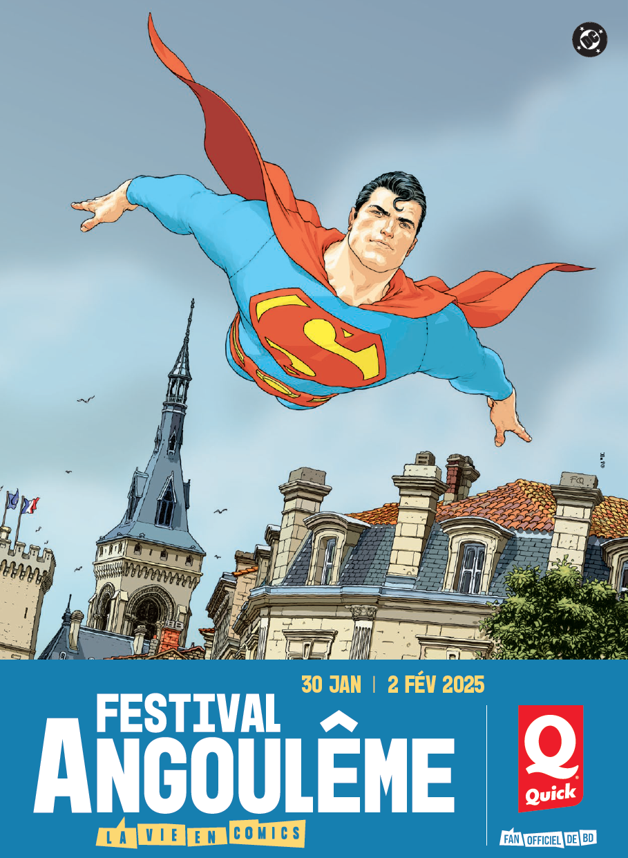 Affiche du FIBD avec Superman volant au-dessus d'Angoulême