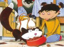 illustration chat Thérèse Miaou qui mange enfin ses croquettes