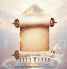 Un parchemin déroulé entouré d'objet évoquant la mythologie grecque