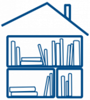 dessin au trait bleu représentant une maison composée d'étagères de livres